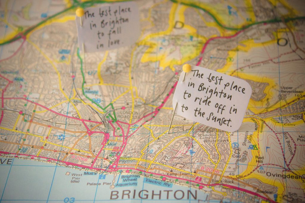 A map of Brighton with a push-pin flag stuck in it, showing the 'best place to ride off into the sunset' (Fortnight).