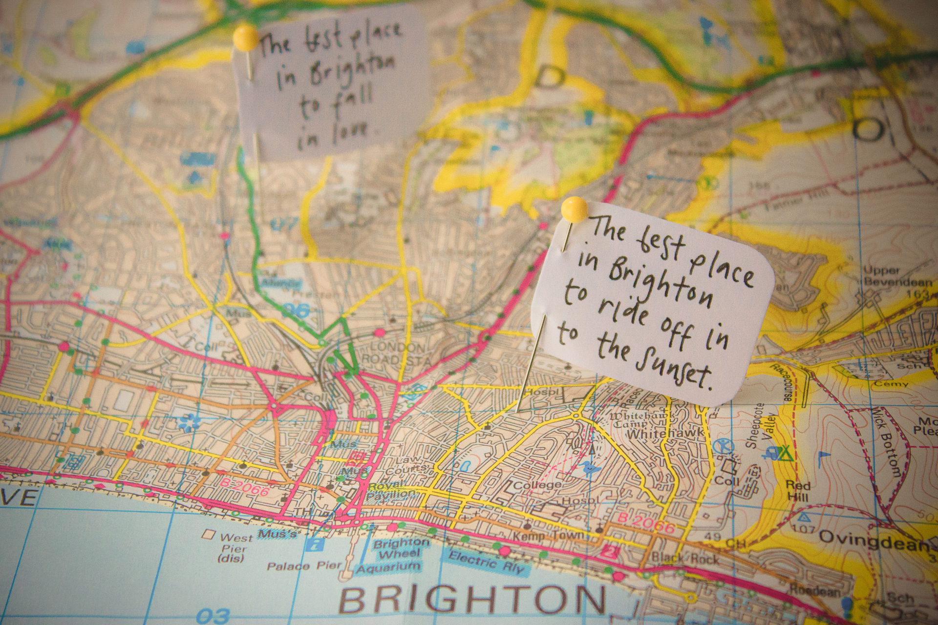 A map of Brighton with a push-pin flag stuck in it, showing the 'best place to ride off into the sunset' (Fortnight).