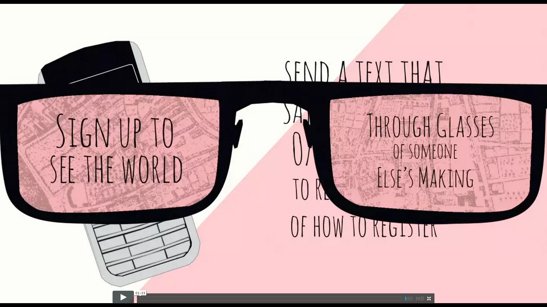 A still from Proto-type Theater's 'Fortnight', showing 'rosy-tinted' glasses and the instruction to 'see the world through glasses of someone else's making'.