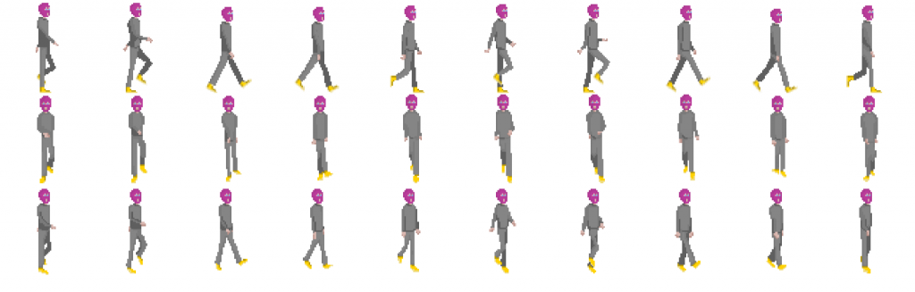 A test 'Sprite Sheet' for A Dangerous Thing. A digital 'sprite' figure formed of blocky pixels dressed in black and wearing a pink balaclava. The figure is repeated 30 times in different attitudes and poses.