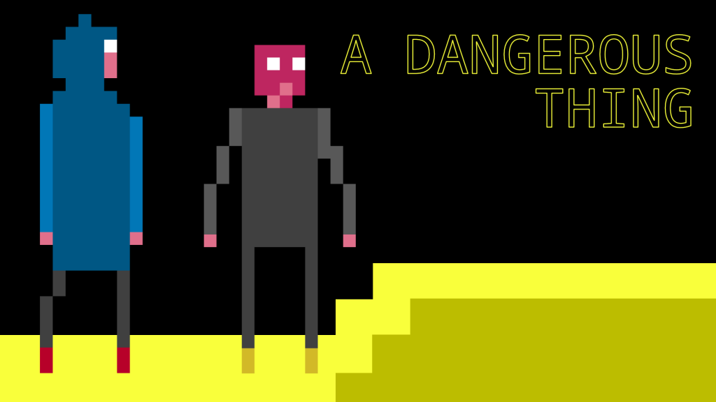 A 'Proof of Concept' for A Dangerous Thing. Two digital 'sprite' figures formed of blocky pixels stand on a yellow floor in front of a black background. The left figure is wearing a long blue hooded coat and red shoes, the right figure is dressed in black and wearing a pink balaclava.