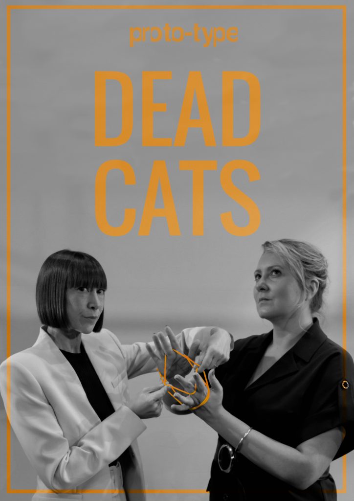Proto-type Theater - Dead Cats.
This is the show poster, which shows a black and white photo of two women - one on the left in a white suit with short, dark bob, and one on the right in a dark, collared shirt with bleached blond hair swept up in a bun - playing cats cradle with orange string. 'Bob' looks out of the frame towards us with a quizzical accusing expression, 'bun' looks up mock-innocently at the show title which is written in orange above them.