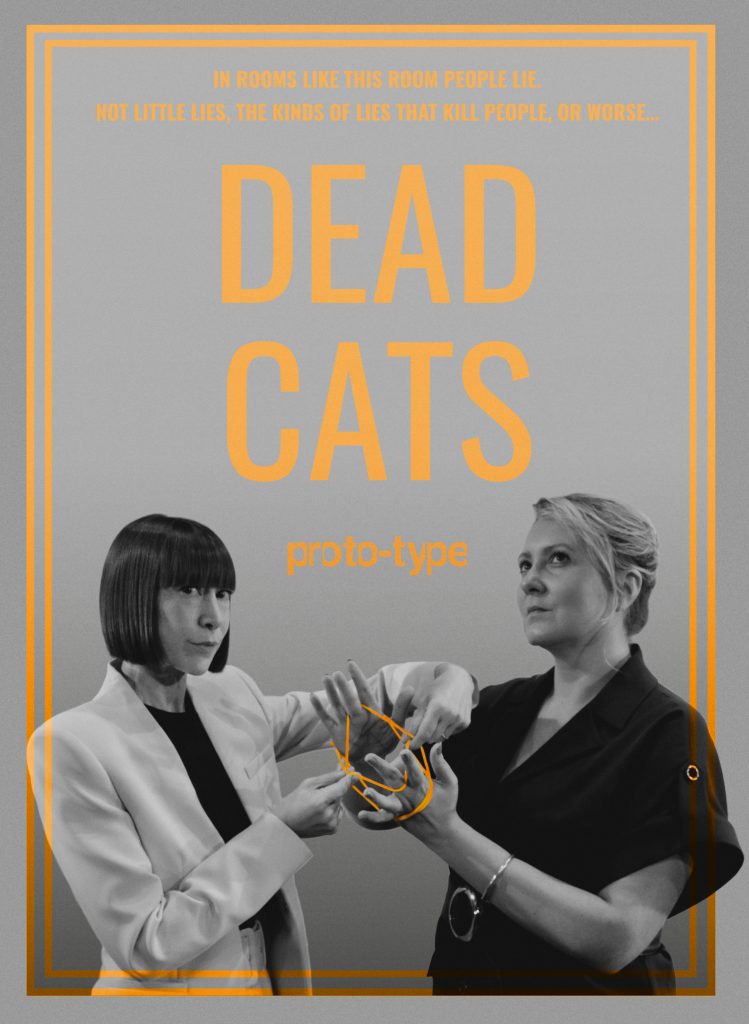 DEAD CATS written in orange text on a grey background. Below are two women, one in a white suit with a dark bob. One in a navy jumpsuit style top, with blond hair. They are playing 'cats cradle' with orange string. 'White suit' looks out at us sternly, 'navy' looks up with feigned innocence.